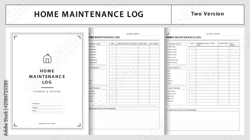 Home Maintenance Log Planner Template for Property Management Letter Size Page Printable Vector Illustration