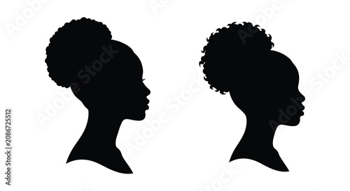 Two female head silhouettes in profile with afro hairstyles against a white background silhouette african american