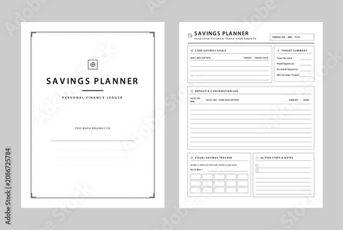 Personal Savings Planner Template for Financial Budgeting Letter Size Page Printable Vector Illustration