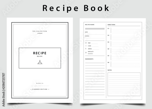 Minimalist Recipe Book Planner Template Layout Letter Size Page Printable Vector Illustration