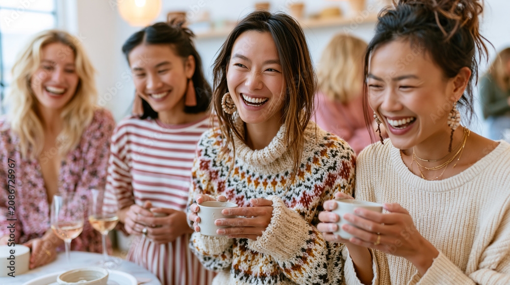 Obraz premium Four women enjoying a joyful gathering with drinks, laughter, and cozy sweaters.