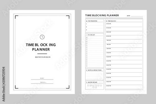 Minimalist Daily Time Blocking Planner Template Letter Size Page Printable Vector Illustration