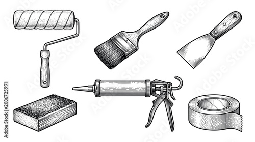 Home renovation and painting tools vector illustration set in vintage engraving style