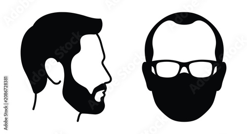 Photos Two male head silhouettes in profile and frontal views a stark black graphic sty