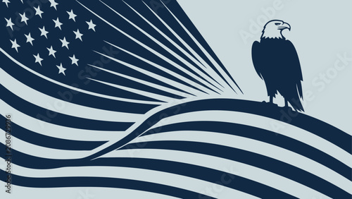 фотографія Bald eagle perched on a waving american flag with stars and stripes in a two-ton