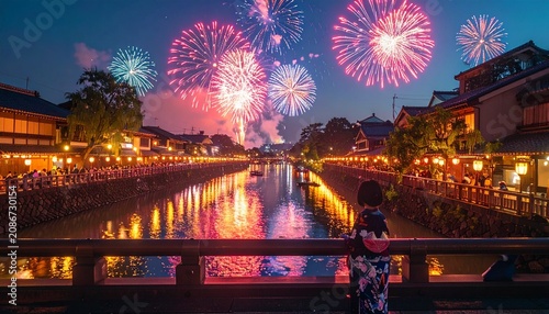 着物姿の女性が橋の上から運河の花火を見上げる夜