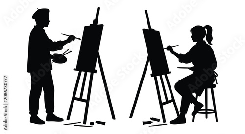Two artists painting at easels depicted as a black silhouette artist painter painters art artwork easel