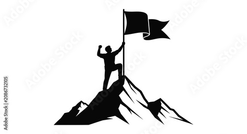 Bild auf Leinwand Mountaineer With Flag On Peak Black Silhouette