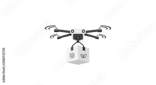 Foto Drone with white box attached underneath.