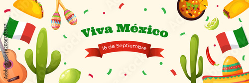 Canvastavla Viva Mexico festive banner with cactus, guitar, sombrero, maracas, Mexican flags and traditional food