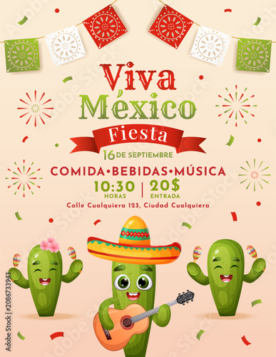 Mexican Independence Day fiesta party invitation poster with cute cactus characters, sombrero, guitar, papel picado, confetti and festive decorations.Celebration flyer designe template.