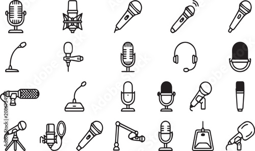 Photos Set of minimalist linear microphone icons for podcast radio and music studio production