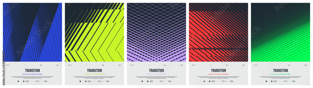 Fototapeta premium Abstract geometric vector poster set with kinetic halftone grid and optical illusion ornament, Geometric distortion patterns with linear gradient transition effect, Colorful dynamic graphic kit 2