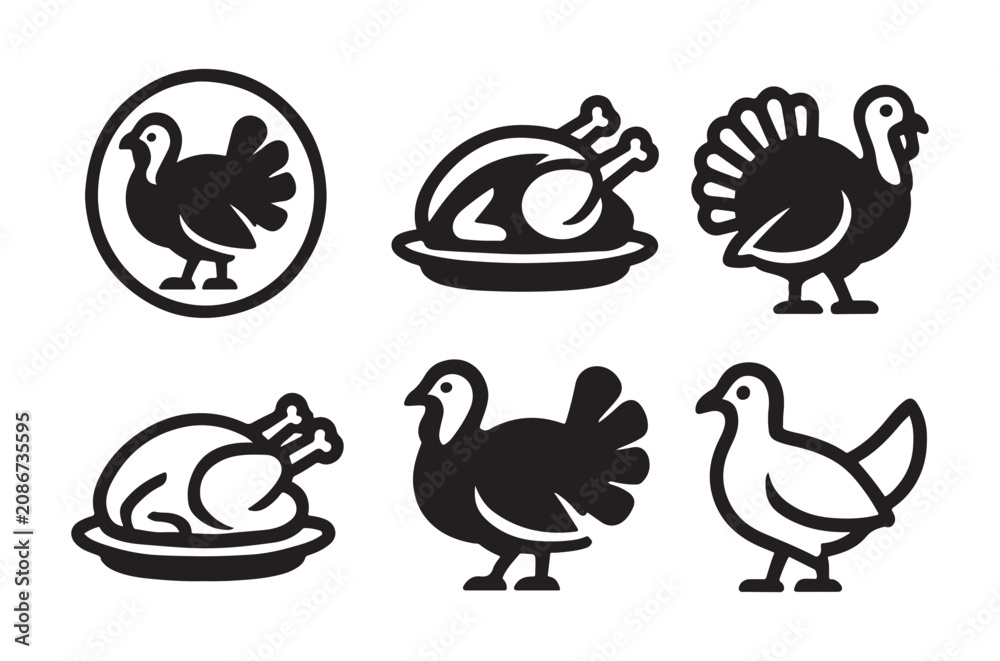 Obraz premium Turkey And Roasted Chicken Silhouettes Black And White Icons