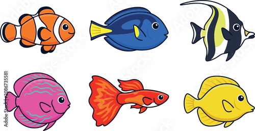 Fotografie Cute Tropical Coral Reef Fish Clipart Vector Collection Featuring Kawaii Clownfi