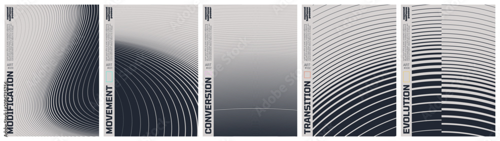 Fototapeta premium Monochrome technical line grid poster set with kinetic halftone distortion patterns, Minimalist geometric visual transformation and abstract structural evolution artwork with transition effect set 2