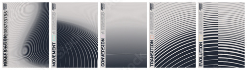 Monochrome technical line grid poster set with kinetic halftone distortion patterns, Minimalist geometric visual transformation and abstract structural evolution artwork with transition effect set 2