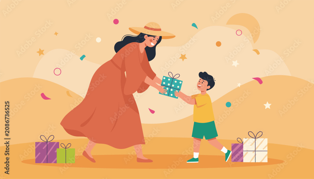 Fototapeta premium Joyful woman in a wide-brimmed hat hands a wrapped gift to a young boy during a celebration with colorful confetti and desert-like background.