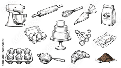 Baking tool and pastry ingredient doodle set, kitchen utensil sketch illustration, isolated on white background
