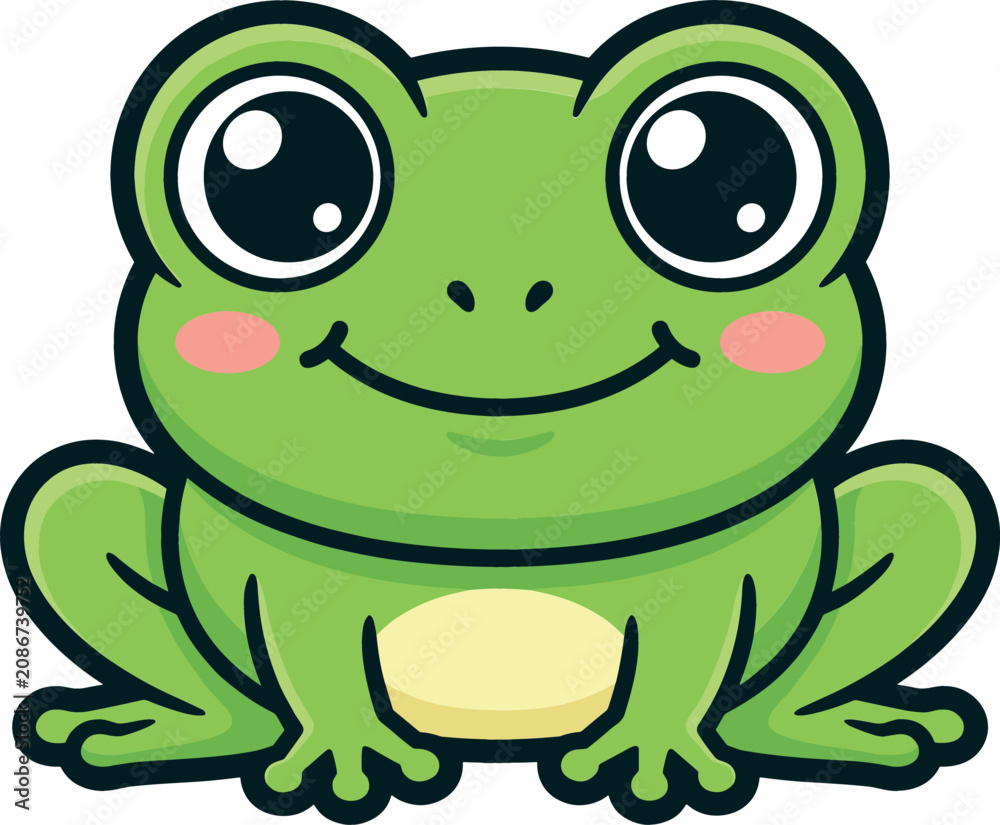 Fototapeta premium Cute Cartoon Frog Character Clipart Vector Featuring Friendly Kawaii Toad Mascot with Large Shiny Eyes Smiling Face and Rosy Cheeks