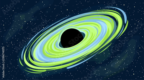 Bild auf Leinwand Black Hole with Glowing Lime Green and Blue Accretion Disk in Deep Space, Flat D