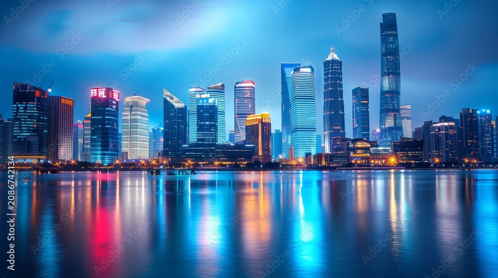 Fototapeta premium Modern city skyline at blue hour, glowing lights, travel background.