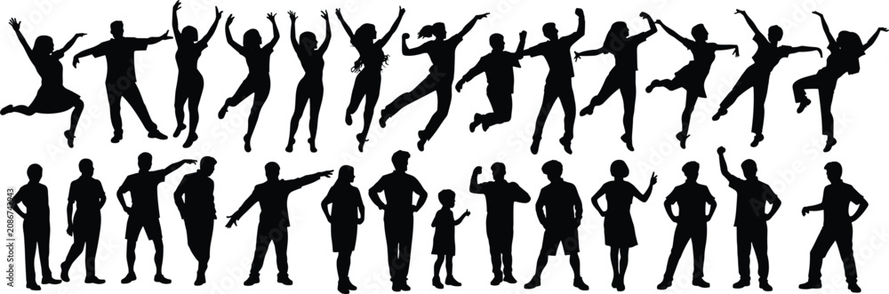 Fototapeta premium Collection of diverse people silhouettes jumping and standing isolated on a white background, for active lifestyle, and community concepts