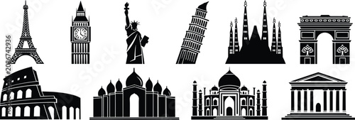 Fotografie Collection of famous landmark silhouettes including the eiffel tower, big ben, s