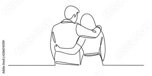 Schilderij op canvas Continuous line drawing of a loving couple standing together with arms around ea