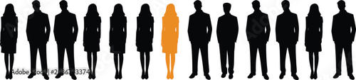 Foto Row of business people silhouettes with one orange highlighted figure isolated o
