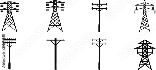 Set of black silhouette representing various types of electricity transmission towers, utility poles, and power lines on a white background