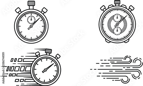 Quadro su tela Vintage Stopwatch and Timer Line Art Icon Set with Retro Chronograph Speed Motio