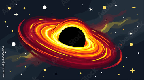 Black Hole with Glowing Crimson Accretion Disk in Deep Space, Abstract Astronomical Science Concept on Dark Background, Flat Vector Illustration of Cosmic Phenomenon with Stars and Nebula Clouds