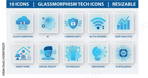 Glassmorphism Tech Icons Set – AI, Cybersecurity, Cloud Computing, WiFi, Data Analytics, Smart Home, VR, Innovation Vector Collection