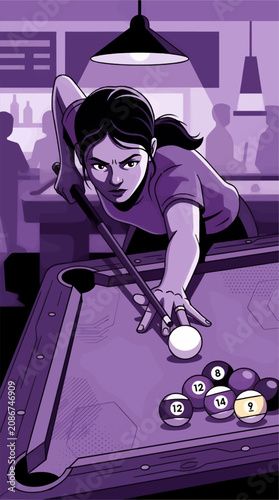 Bild auf Leinwand Determined Young Woman Playing Pool in Dimly Lit Bar, Focused Expression, Aiming
