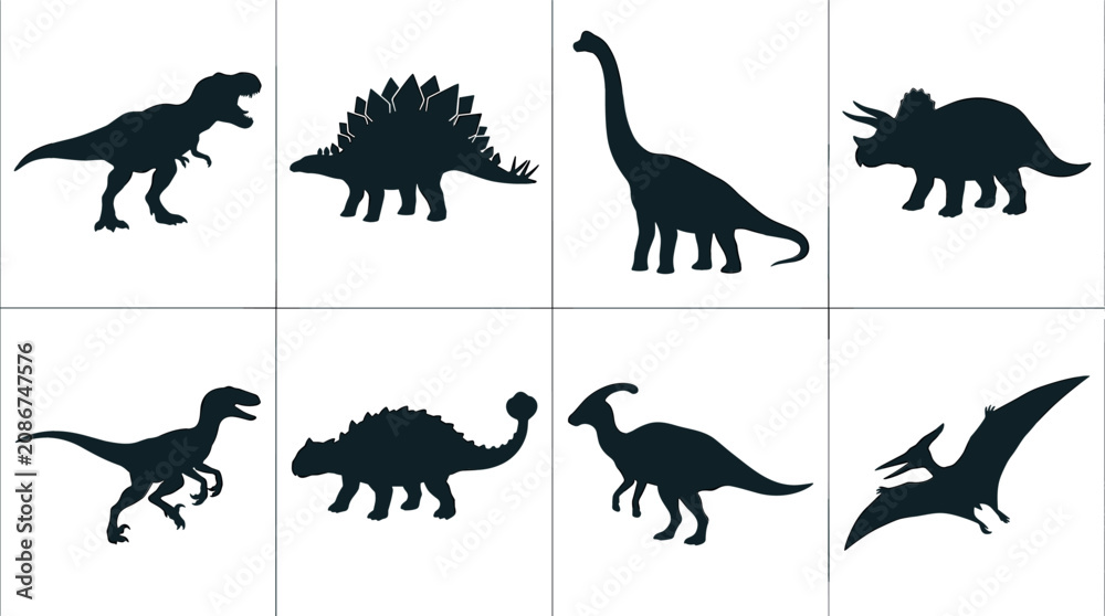 Obraz premium Dinosaur Silhouette Clipart Panel Collection Vector Featuring Tyrannosaurus Rex Triceratops Stegosaurus Brachiosaurus and Flying Pterodactyl Elements