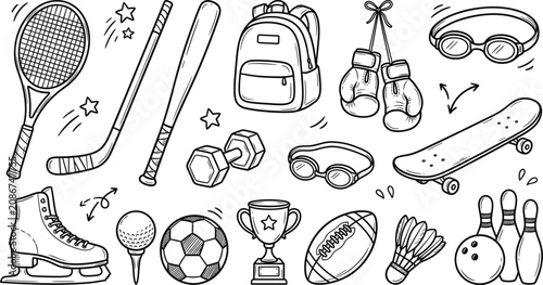 Foto Hand Drawn Sports Equipment Doodle Icon Set Pack with Soccer Tennis Hockey Boxin