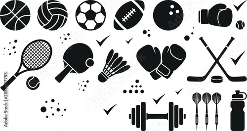 Fotografie Multi Sport Equipment Icon Set Pack with Basketball Soccer Tennis Boxing Dumbbel