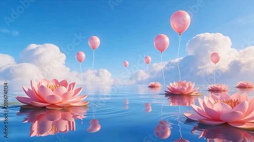Pink lotus flowers and balloons in water