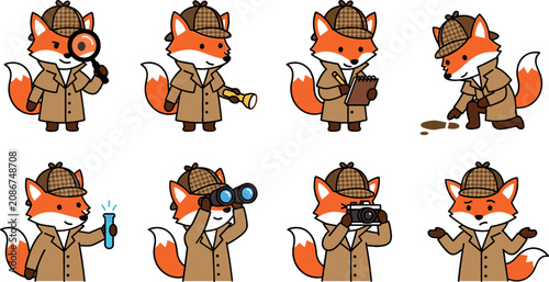 Photography Cute Cartoon Fox Detective Character Clipart Asset Set Vector Featuring Plucky R