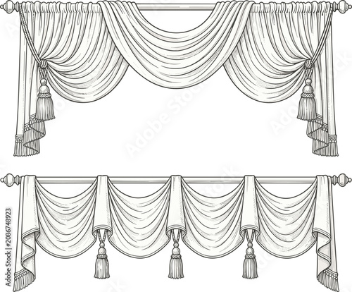 Slika na platnu Elegant curtain drapery collection, decorative window valance set, vintage line