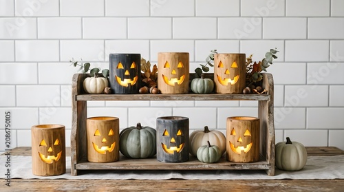 Rustic wooden shelf with glowing jack o lanterns and decorative pumpkins for halloween decor halloween interior seasonal