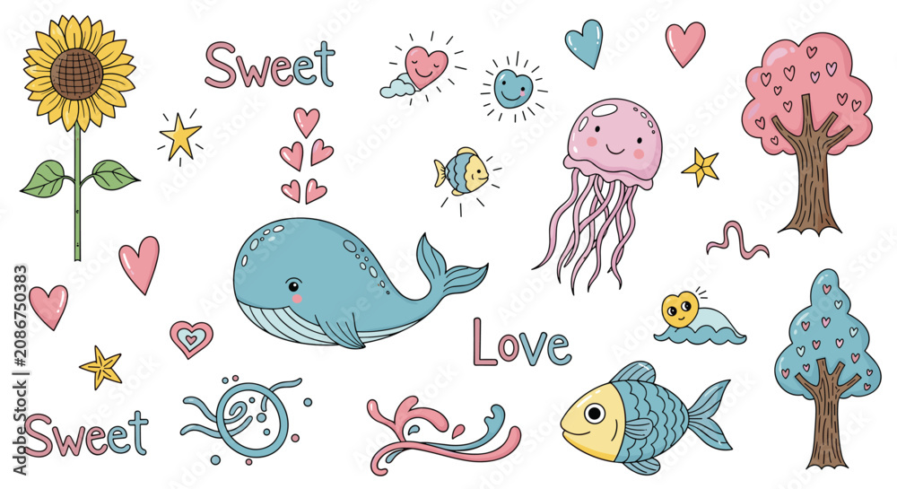 Fototapeta premium Sweet collection of ocean-themed illustrations featuring a blue whale, jellyfish, fish, hearts, trees, and cute sea creatures.