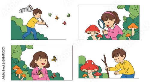 Educational panels showing children exploring nature by catching butterflies and observing mushrooms with a magnifying glass.