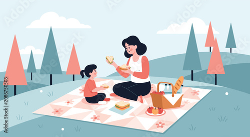 Relaxing outdoor picnic scene with a mother and young daughter enjoying sandwiches and fruit on a blanket in a green park.