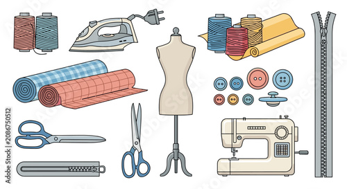Tailoring and sewing supplies including a vintage sewing machine, mannequin, fabrics, threads, scissors, buttons, and zippers.
