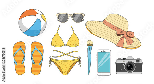 Travel and vacation flat lay items including a yellow bikini, beach ball, sunglasses, sun hat, camera, flip-flops, and a phone.