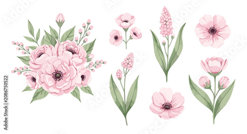 Delicate pink anemone flower collection including a lush bouquet and various individual floral stems for romantic wedding designs.