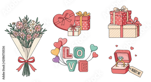 Romantic collection of Valentines Day elements featuring a flower bouquet, gift boxes, heart balloons, and an engagement ring box.