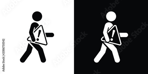 Foto Black and white stock vector icon of a person walking while holding a triangular warning attention sign with an exclamation mark, representing safety and caution